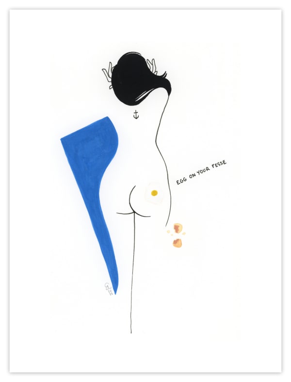 nude woman laying on her stomach with a cracked egg on her butt