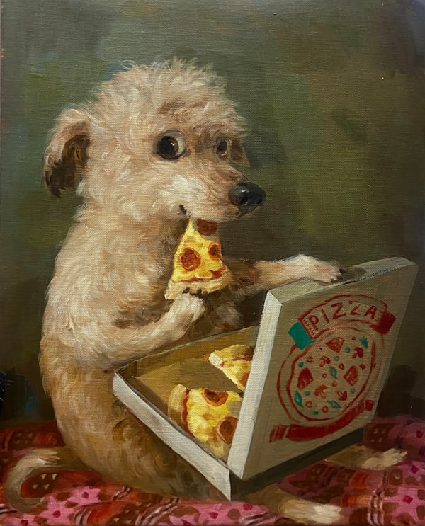 Painting of a scruffy light brown dog eating a slice of pepperoni pizza from a pizza box he is holding on a dark green background