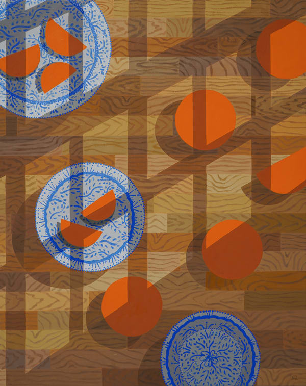 Natalia Juncadella - painting of oranges and orange slices on a wood grain floor and blue patterned plates, a shadow of window panes covers the scene
