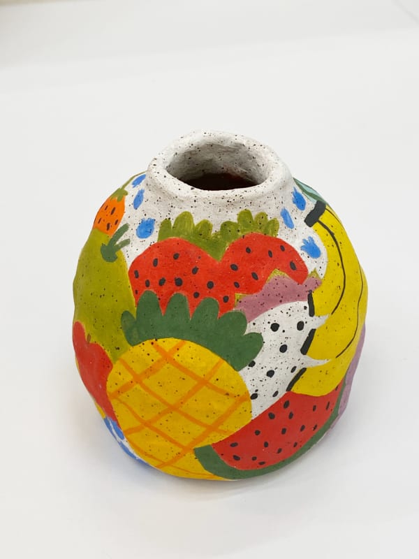 Jackie Brown ceramic vase painted with colorful fruits