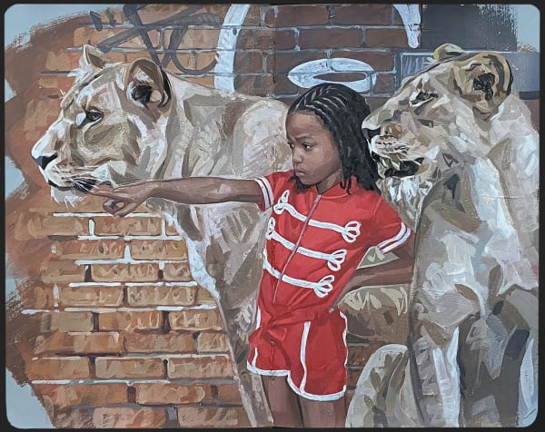 Painting of a small girl wearing braids in her hair and a matching red and white outfit standing and pointing to something in the distance. There are two large lions next to her up against a brick wall with graffiti