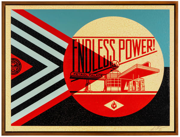 image of a gas station with text "Endless power" over laid on top, abstracted with carling color circles, triangles, and lines