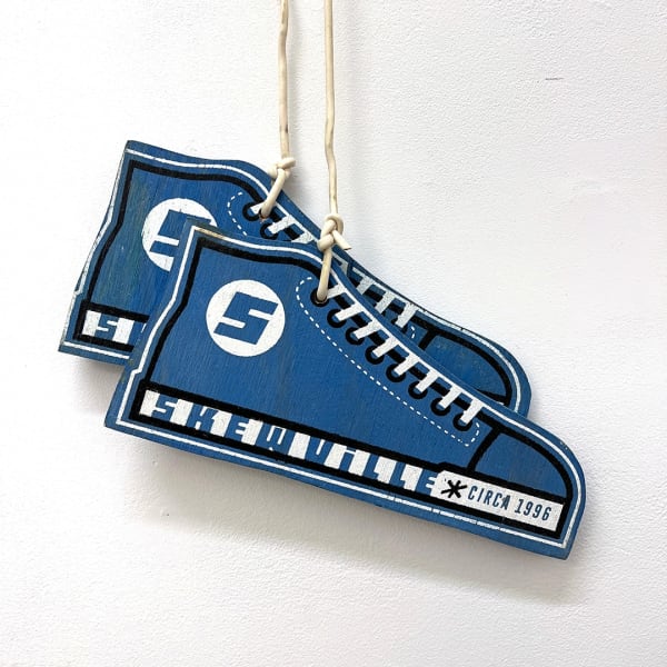 Skewville Blue Dogs, 2016 silkscreen on wood with cord 5 x 10.5 in each shoe
