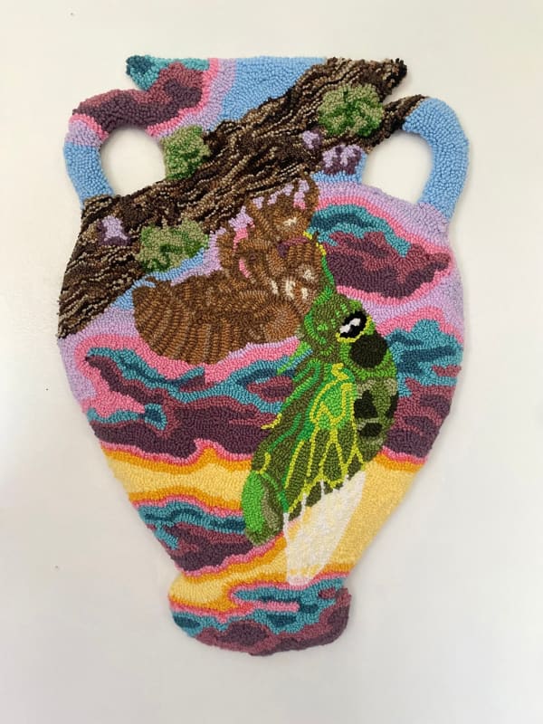 Leif Zikade tufted carpet of a vase with a cicada shedding it's skin