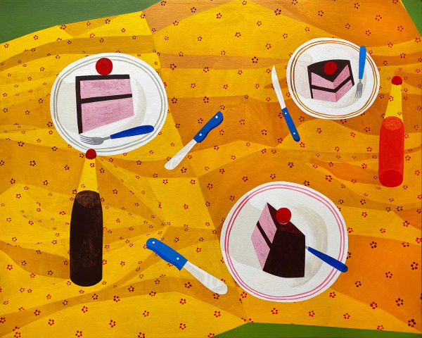 Josh Stover "The End of the Picnic" acrylic painting on canvas featuring slices of pink cake on yellow picnic table