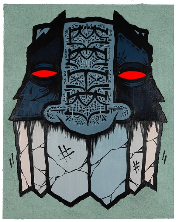 image of a tribal mask with red glowing eyes on a green background