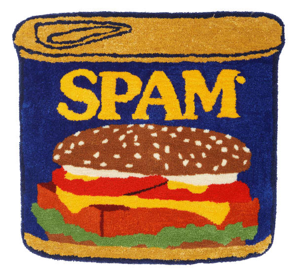 Cynthia Chen hangable tufted rug piece made to look like a SPAM can