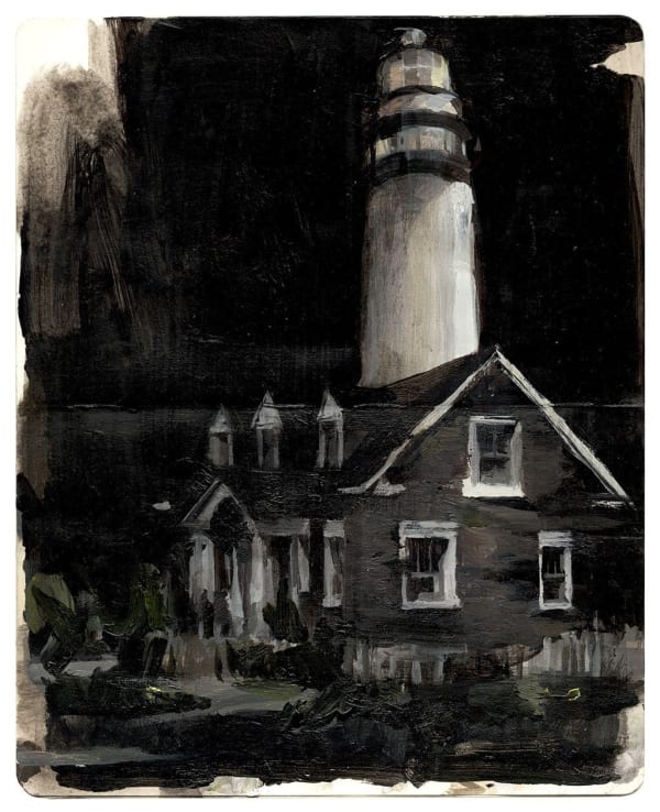 black and white painting of a lighthouse at night