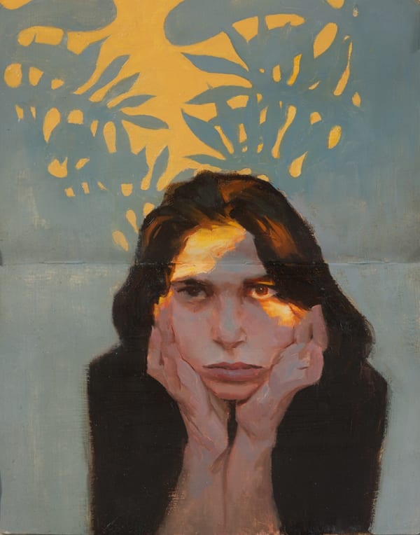 Painting of a woman with dark hair, wearing a black shirt with her hands holding her face, the shadow of plants reflecting on her face the wall behind her.