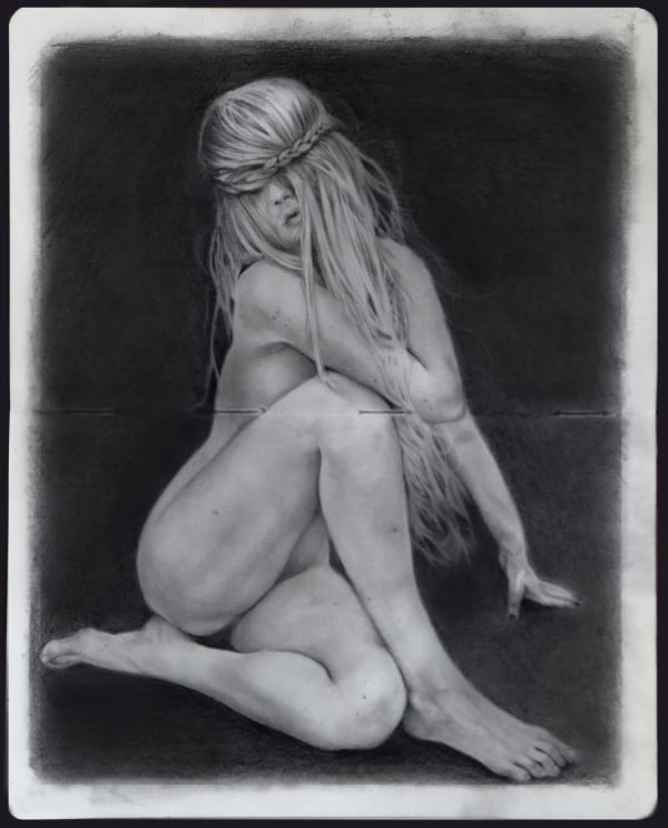 Drawing of a woman sitting naked with her legs crossed, her hair covering her face on a black background
