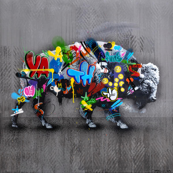 bison decorated with colorful graffiti designs over a gray background