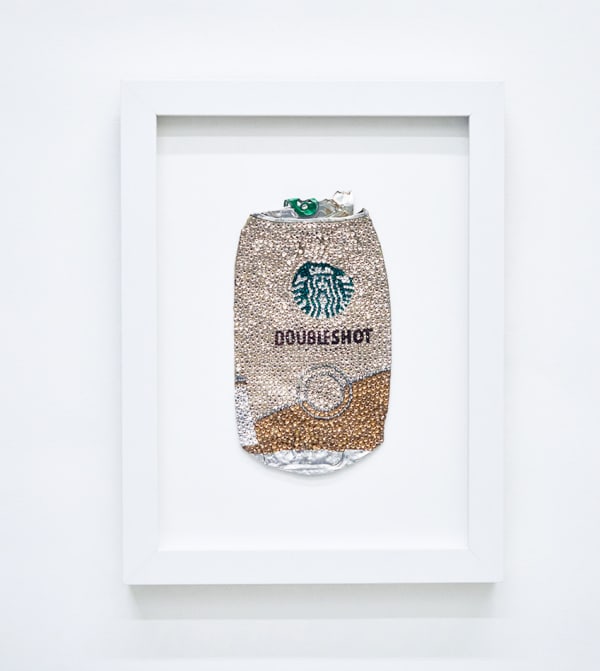 Sam Keller sculptural wall piece framed featuring found Starbucks can and applied crystals