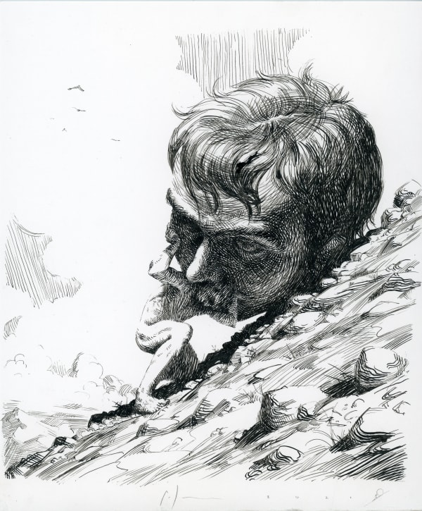black and white ink drawing of a man rolling a large mans head up a hill