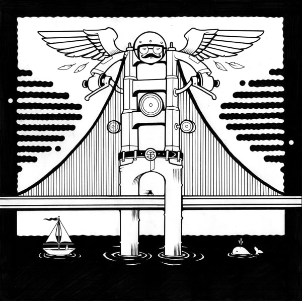 Drawing of a man with wings on a motocycle/bridge