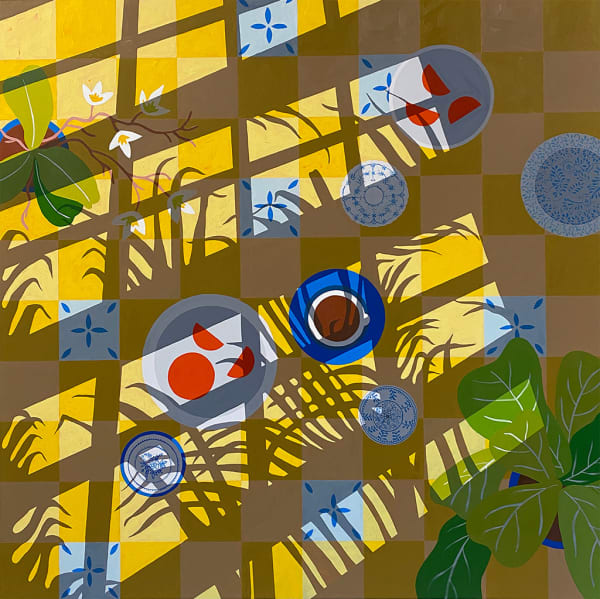 Natalia Juncadella yellow painting of plants, tabletop and shadows