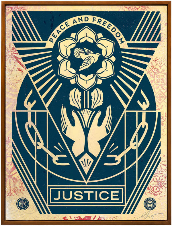 image with hands, chains, and dove with navy blue with words " Peace and justice" and "Freedom" on the top and bottom on a patterned beige background