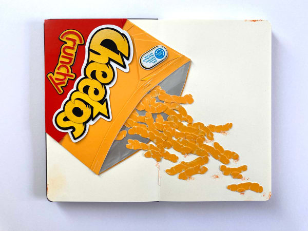 Painting of an open bag of crunchy Cheetos with some chips falling out of the bag.