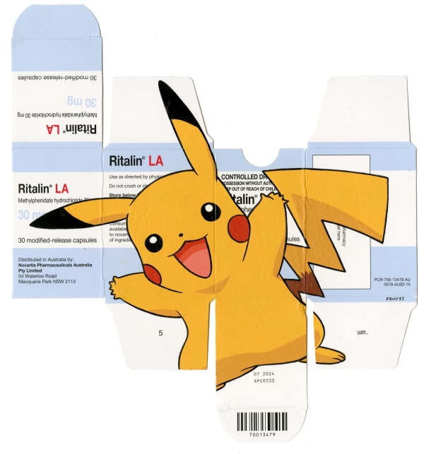 cartoon character Pikachu painted on Ritalin packaging