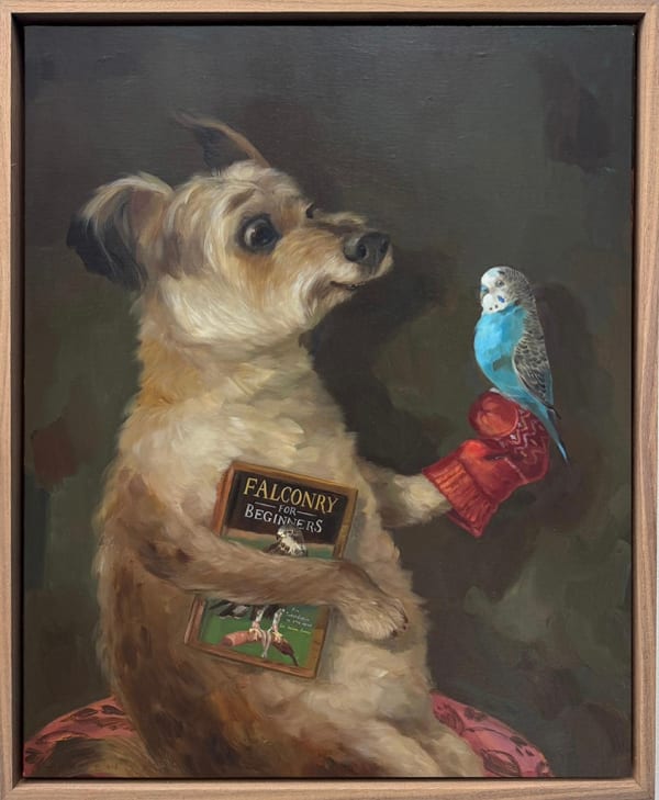 A painting of a brown dog holding a blue bird and a book.
