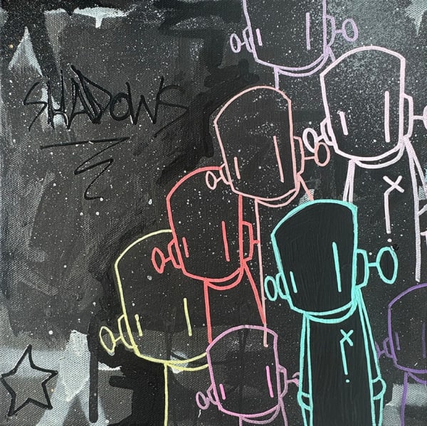 yellow, purple, light blue, red, pink, silver robot outlines stacked on top of one another