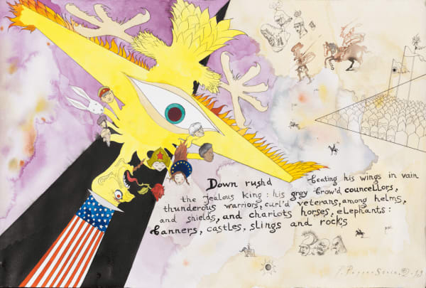 Pavel Pepperstein, Down rush’d, beating his wings in vain, the jealous King; his grey-brow’d counsellors, thunderous warriors, curl’d veterans, among helms, and shields, and chariots, horses, elephants, banners, castles, slings, and rocks,, 2019