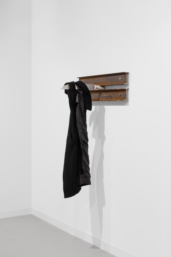Jannis Kounellis (Small Works) Untitled, 2014 iron beams, torn coat, butcher knife 140 x 60 x 40 cm