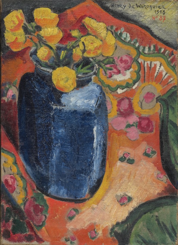 Henry de Waroquier, Still life with a blue vase holding yellow flowers / Nature morte, fleurs jaunes dans un vase...