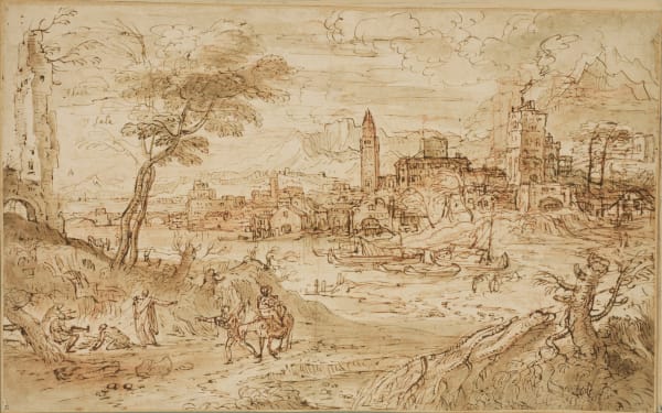 Follower of Pozzoserrato/ Suiveur de Pozzoserrato, Landscape with the Flight into Egypt - Paysage à la fuite en Egypte, circa...