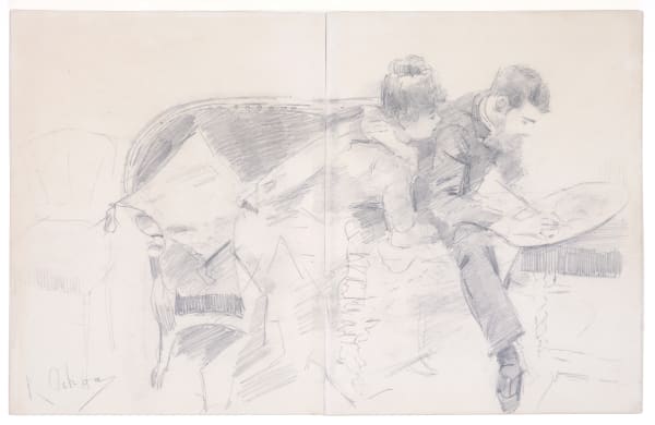 Rafael de Ochoa y Madrazo, Portrait de Paul-César Helleu peignant un plat à côté d'un modèle, ca. 1885