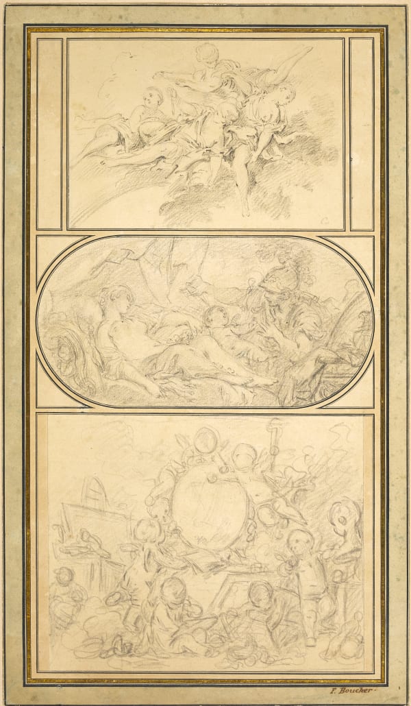 François Boucher - Three studies, in a mounting by Jean-Baptiste Glomy/ Trois dessins, dans un montage de Jean-Baptiste Glomy , Circa 1756