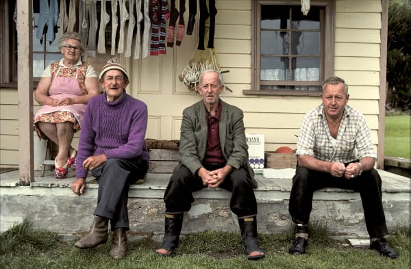 Robin Morrison, Christina and Bert Lewis and his brothers Shack and Bob, Deborah Bay, Otago, 1979