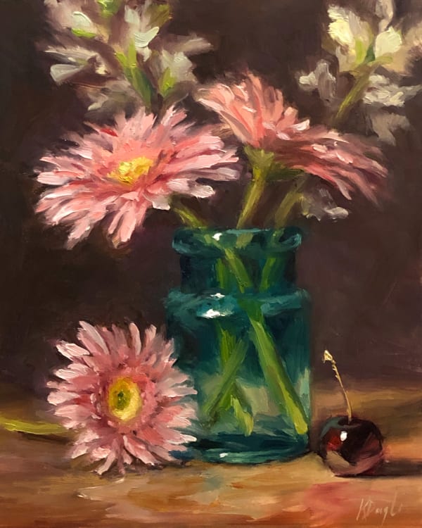 Karen Daigle, Pink Daisies in Turquoise Glass