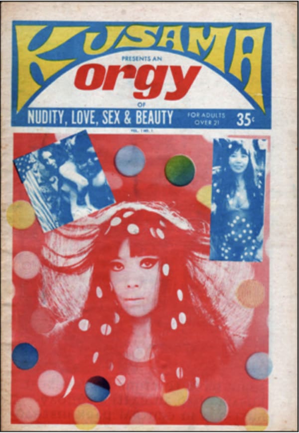 A red print of Kusama with polka dots in her hair and "Kusama Presents and Orgy" printed above