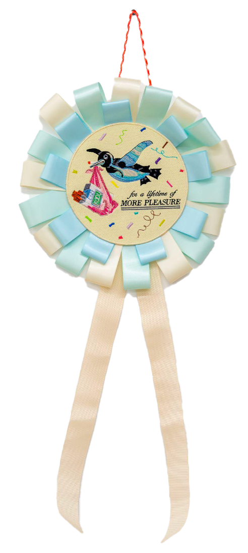 Stork carrying a pack of cigarettes on white ribbon