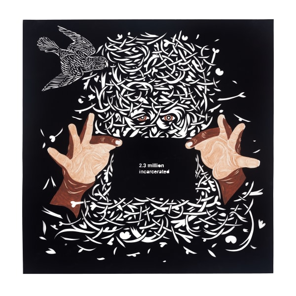 Cut black paper showing head cut as filigree from paper pierced by two eyes, two painted brown hands hold up a sign that reads 2.3 million incarcerated