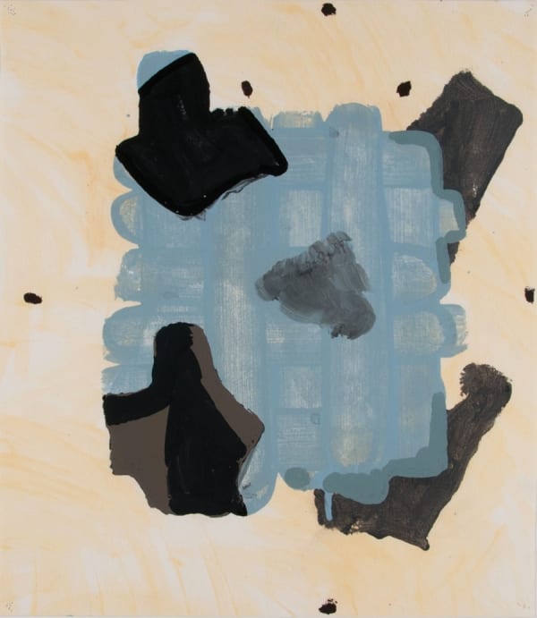 Abstract painting with tan background and large blue shape with black blobs