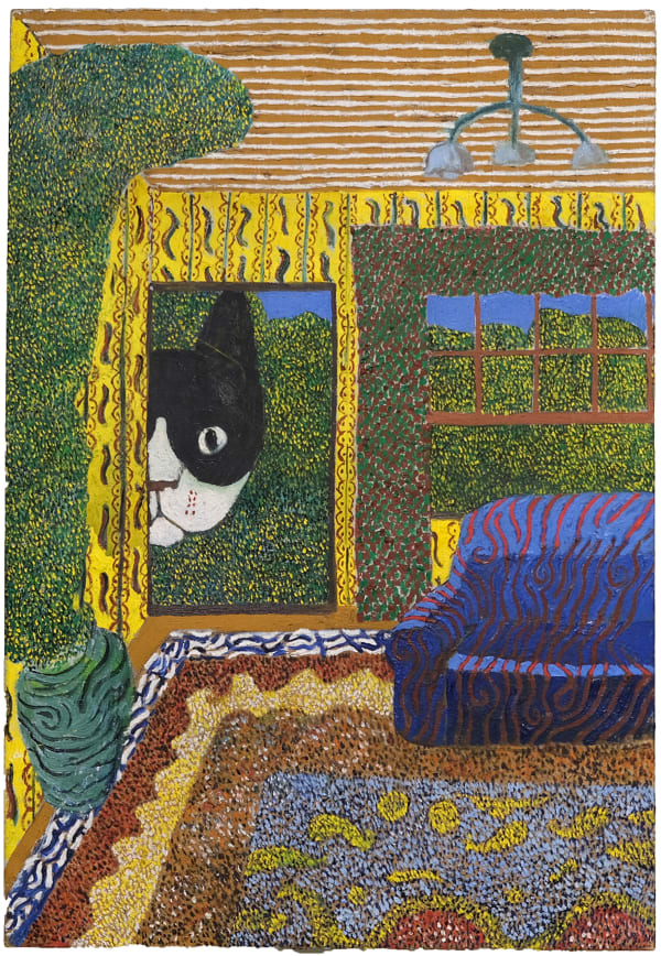 Painting of a large cat peering into a living space through a door