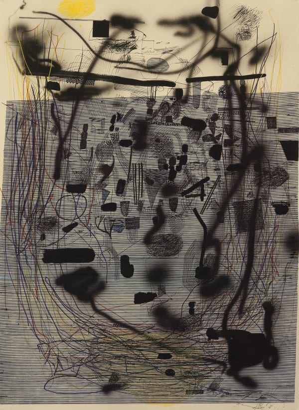 Cream colored panel, lower 3/4 of panel covered with horizontal lines, sprayed and painted lines overlaid