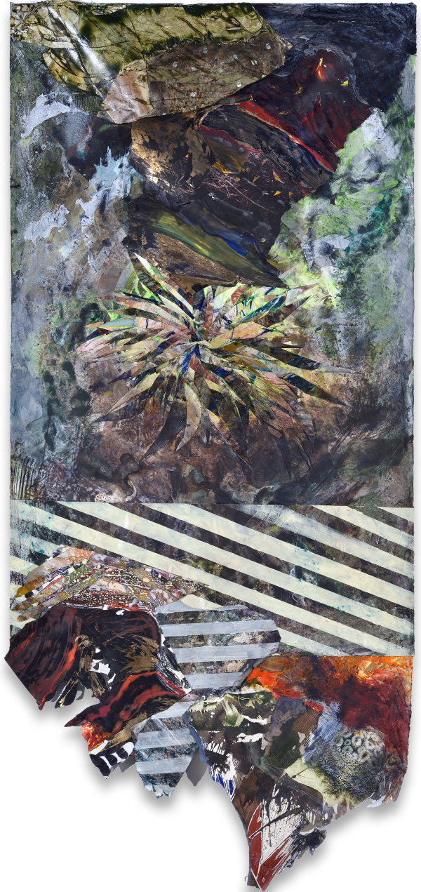 irregular rectangle with abstract painting featuring layers of blue, green, and blue 3D elements