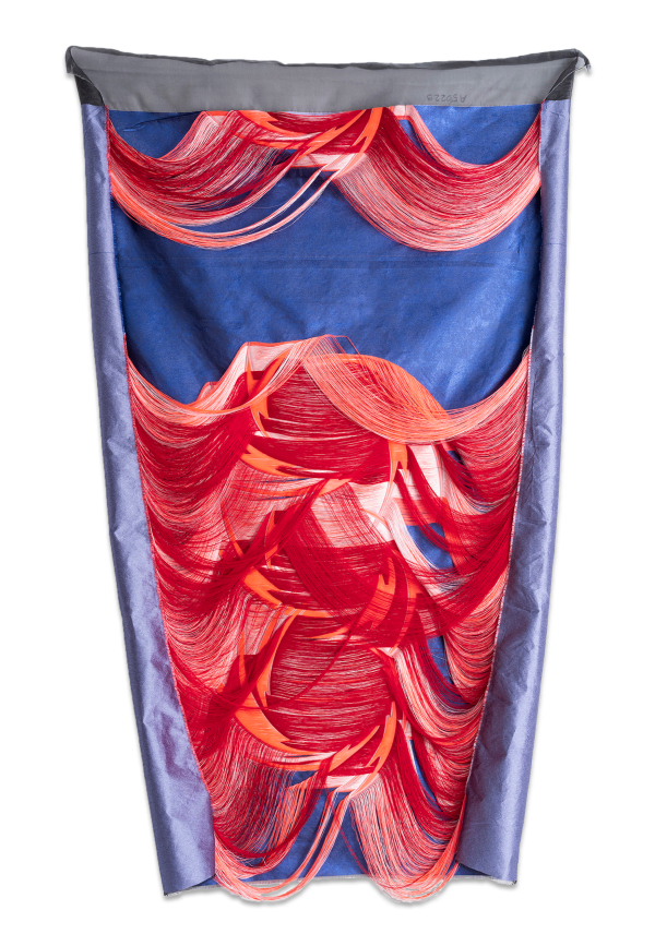Blue and red fabric sculpture hung on wall