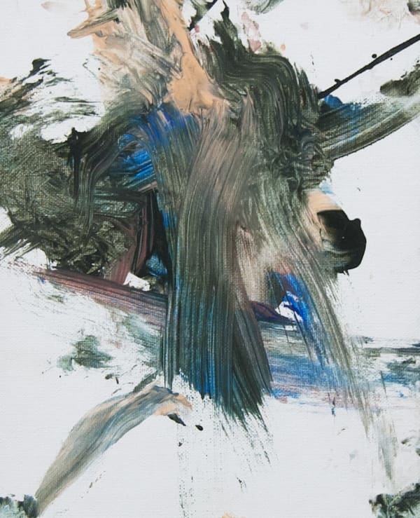 Blue, peach, and black paint mixed together on white canvas