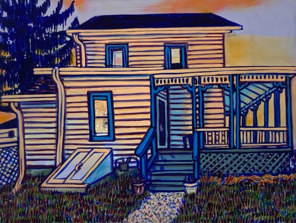 Painting of a house and a tree during dusk