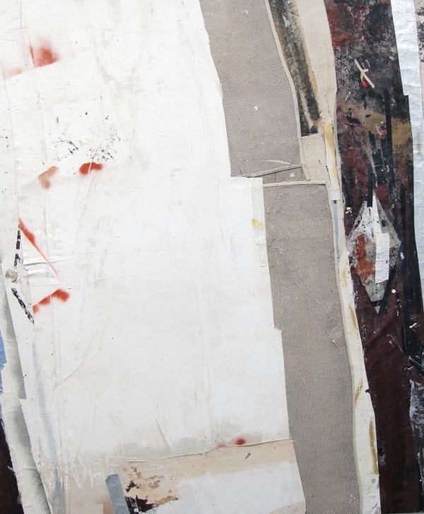 Abstract collage with vertical strips of greys, reds, neutral, and large block of white on left side