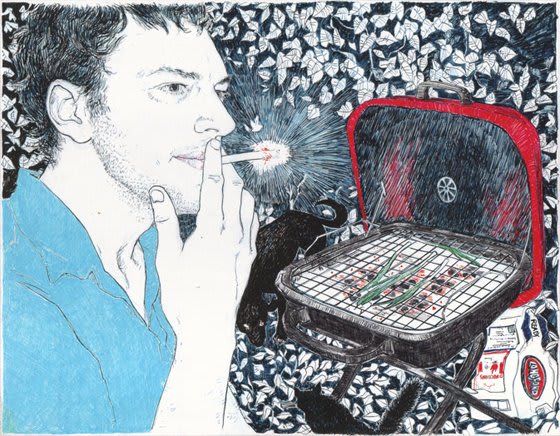 Man smokes a cigarette in front of a grill