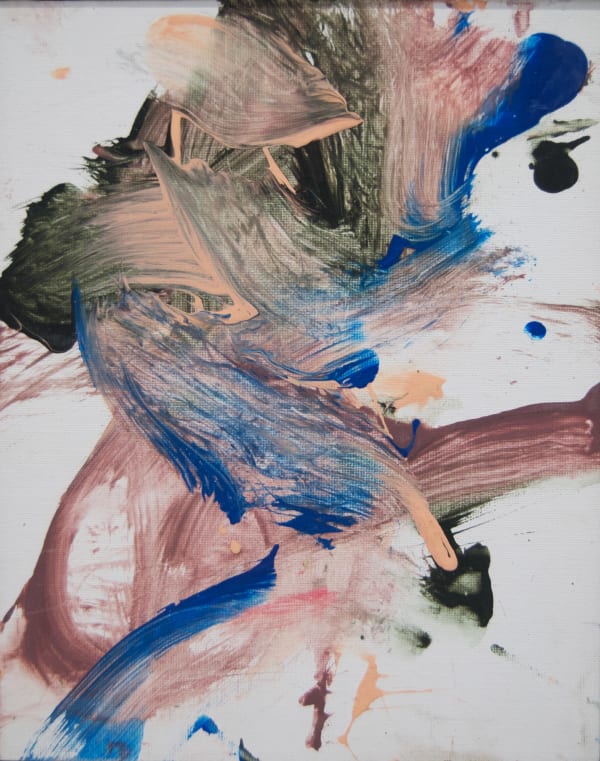 Blue, peach, and black paint mixed together on white canvas