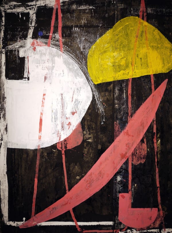 Panel painted black wih white and yellow semi-circles and red arc