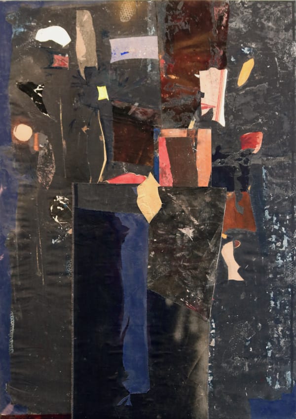 Abstract collage comprised of geometric shapes created from oil, enamel, acrylic, paper, aluminum, denim, rubber, perspex, linen, canvas, steel, tape on canvas