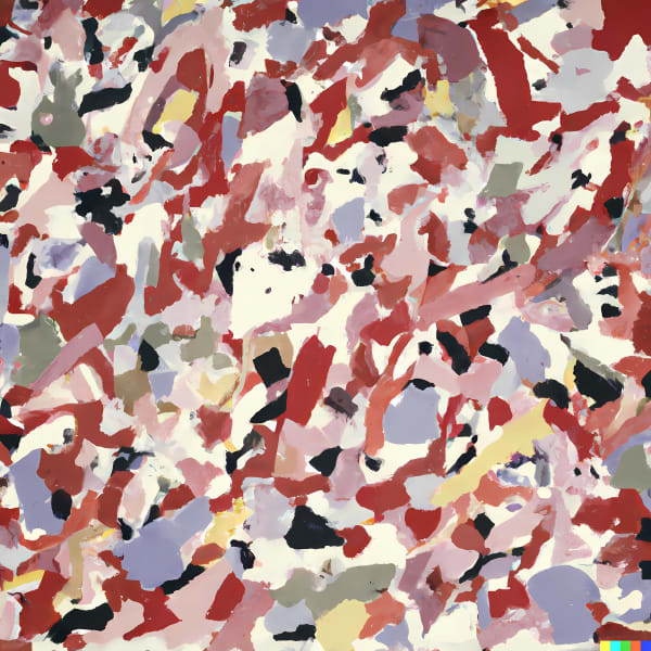 An AI generated image in the style of Lee Krasner in reds, creams, lilacs, and yellows