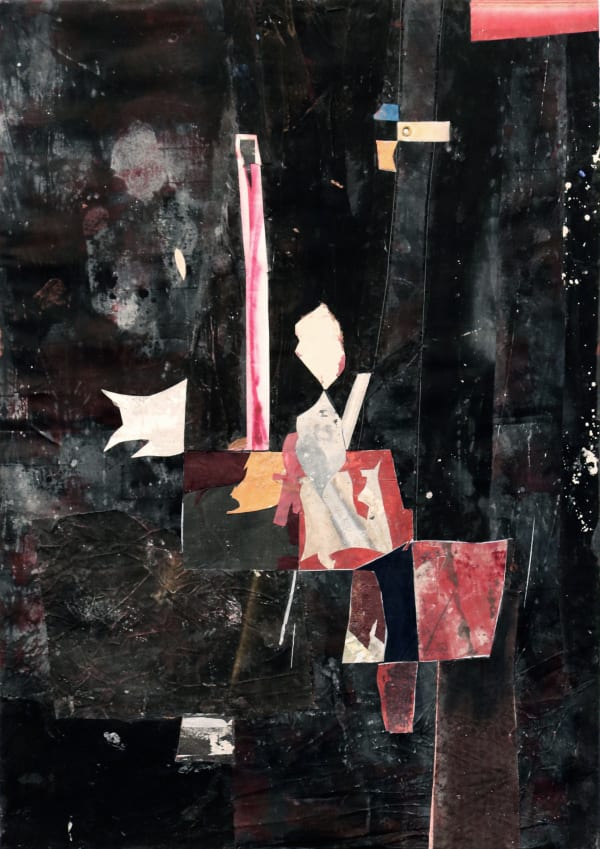 Abstract collage comprised of geometric shapes created from oil, enamel, acrylic, paper, aluminum, steel, rubber, tape, linen, canvas, pigment, cold wax, concrete on canvas