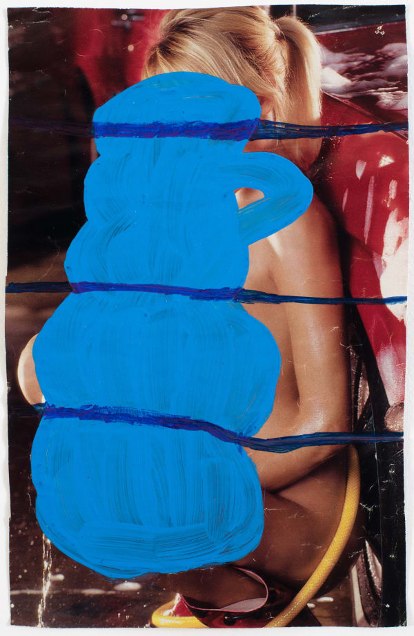 Pornographic magazine page overpainted with blue jug shape